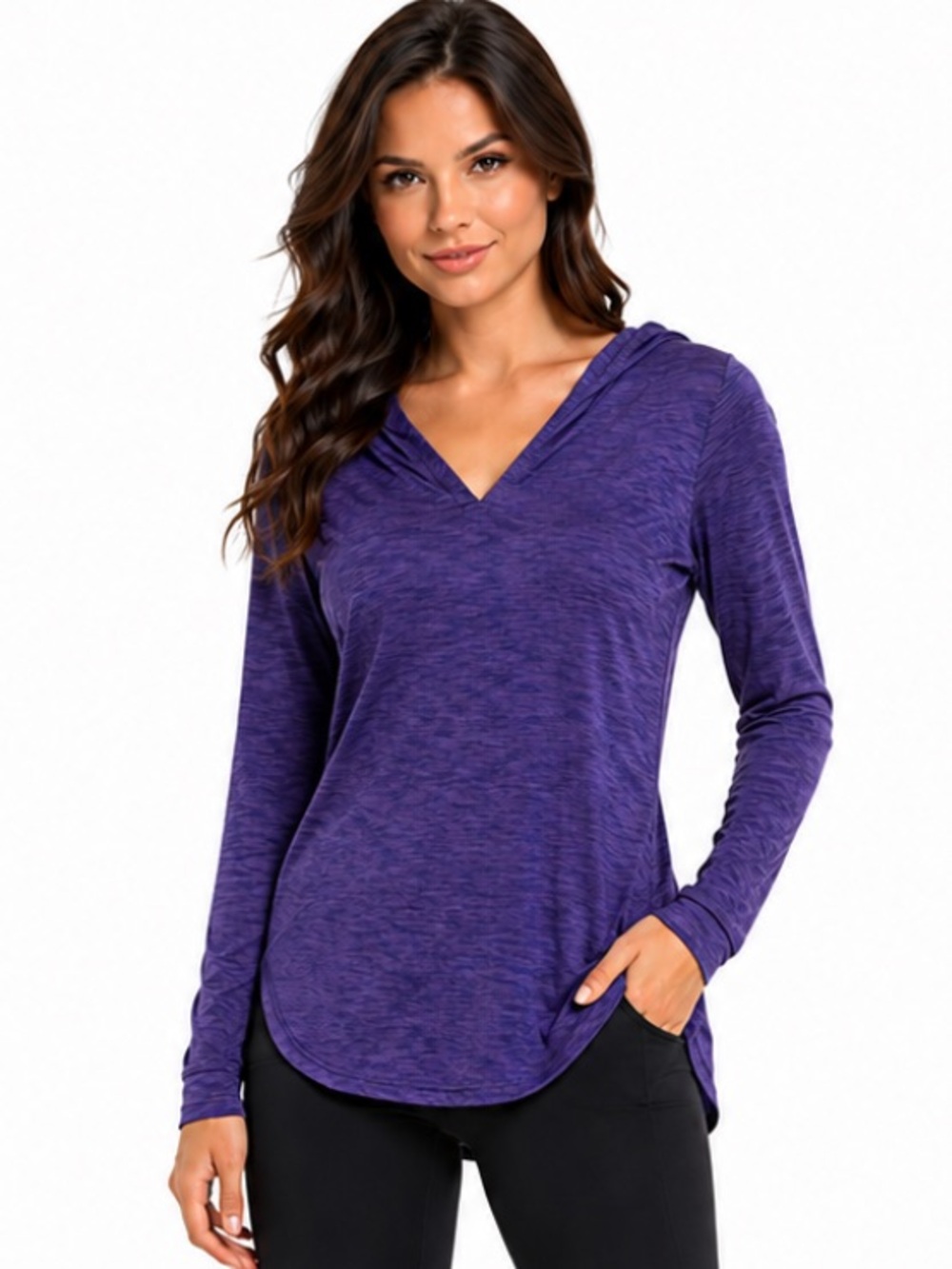 Danskin Now Hooded V-Neck Lightweight Pullover Top Grape Blue S